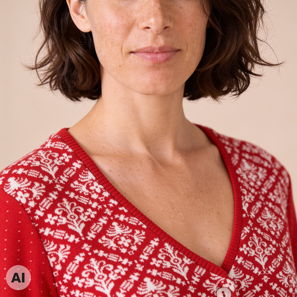klassische Jacke rot – Detailansicht, mit KI bearbeitet
