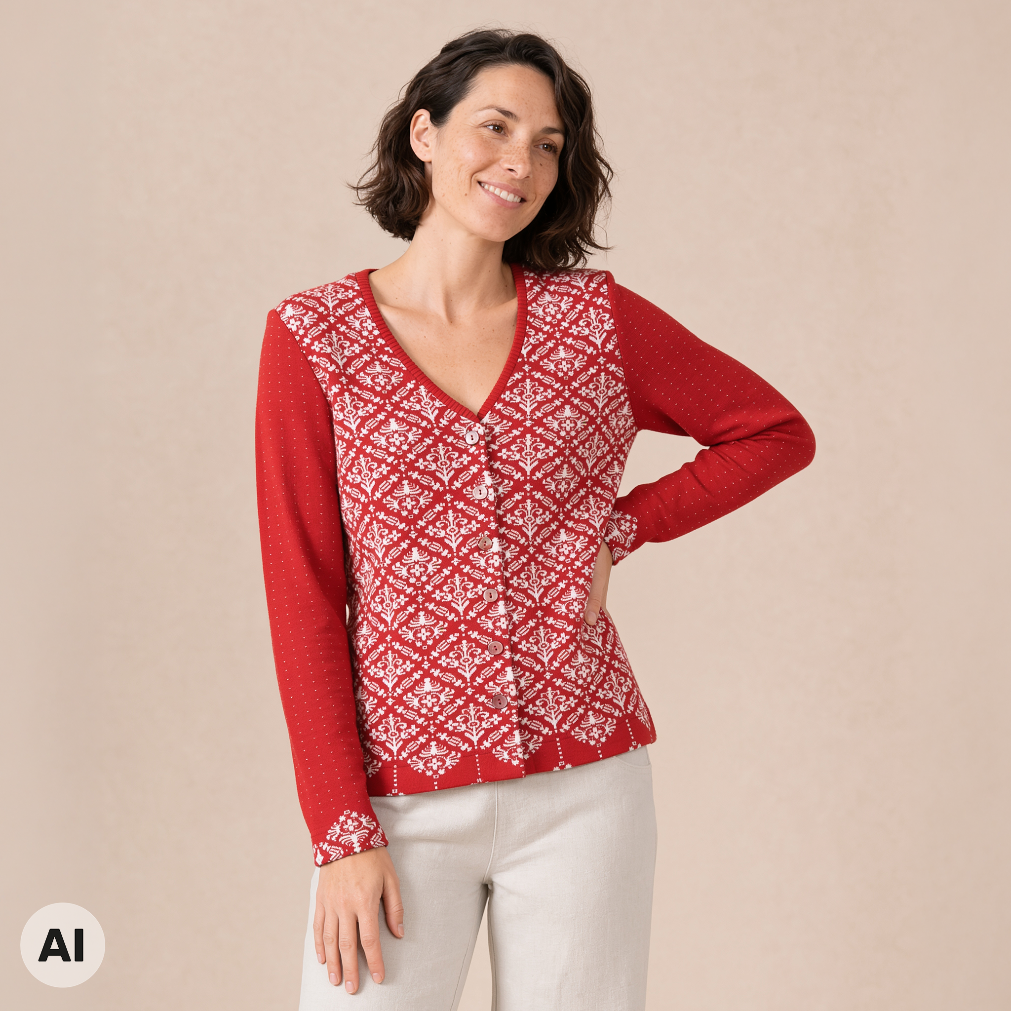 klassische Jacke rot – Vorderansicht, mit KI bearbeitet