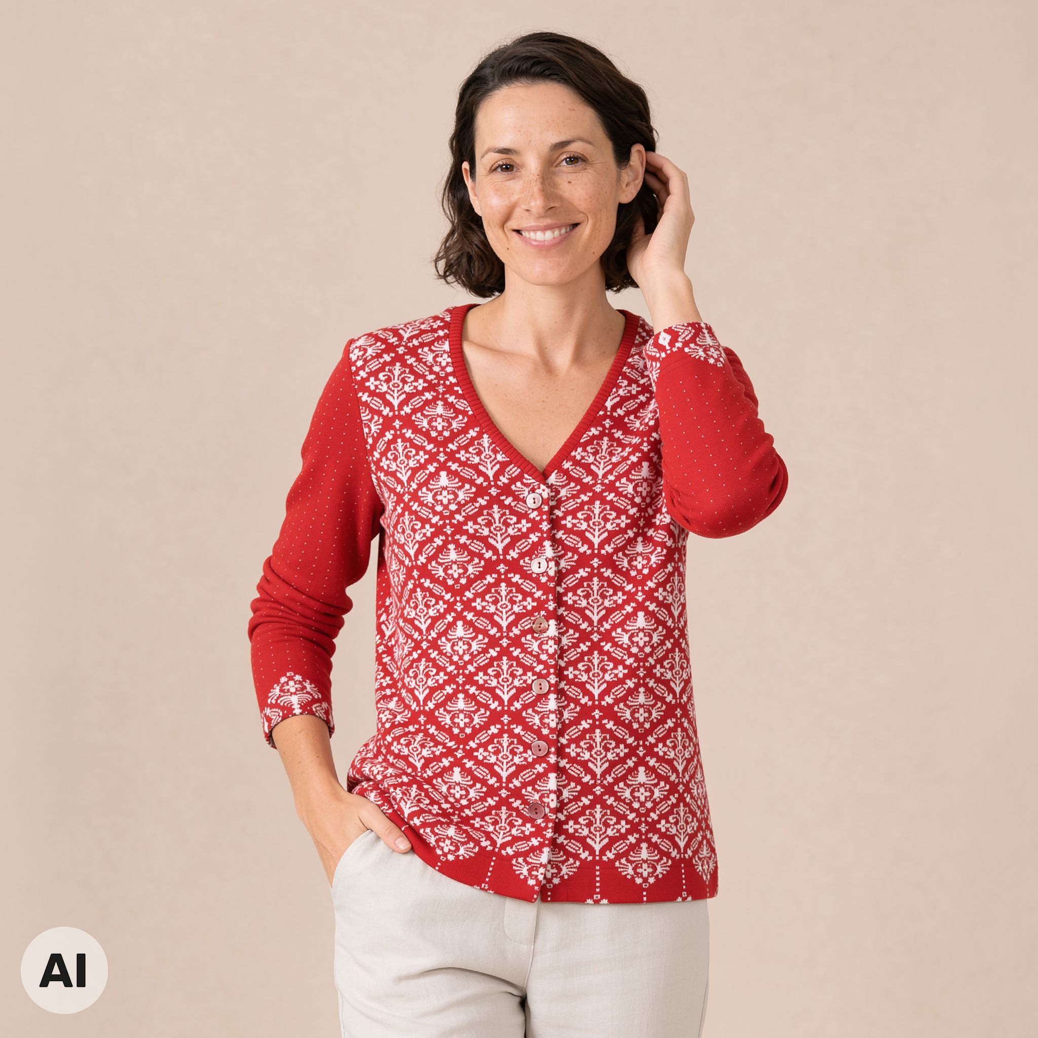 klassische Jacke rot – Vorderansicht, mit KI bearbeitet