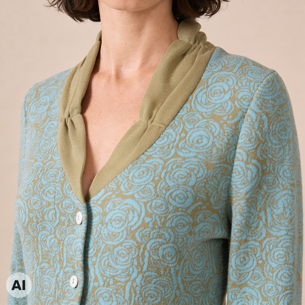 Jacke mit Kragen grün – Detailansicht, mit KI bearbeitet
