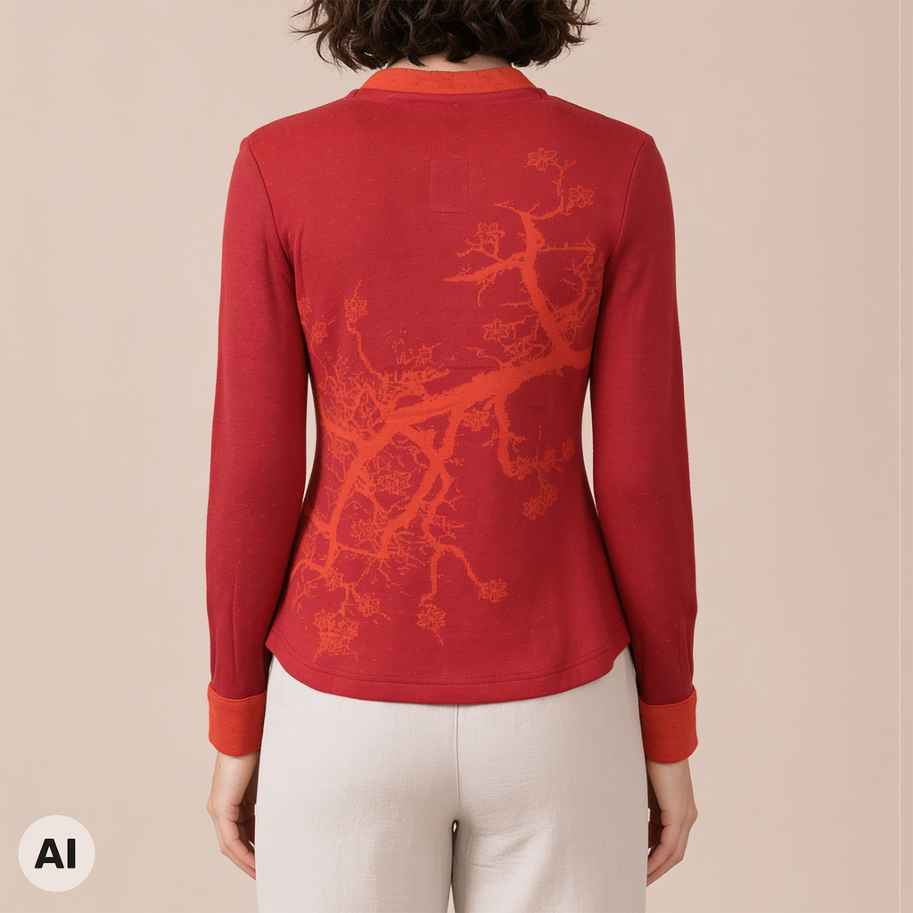 asymmetrische Jacke rot – Rückansicht, mit KI bearbeitet