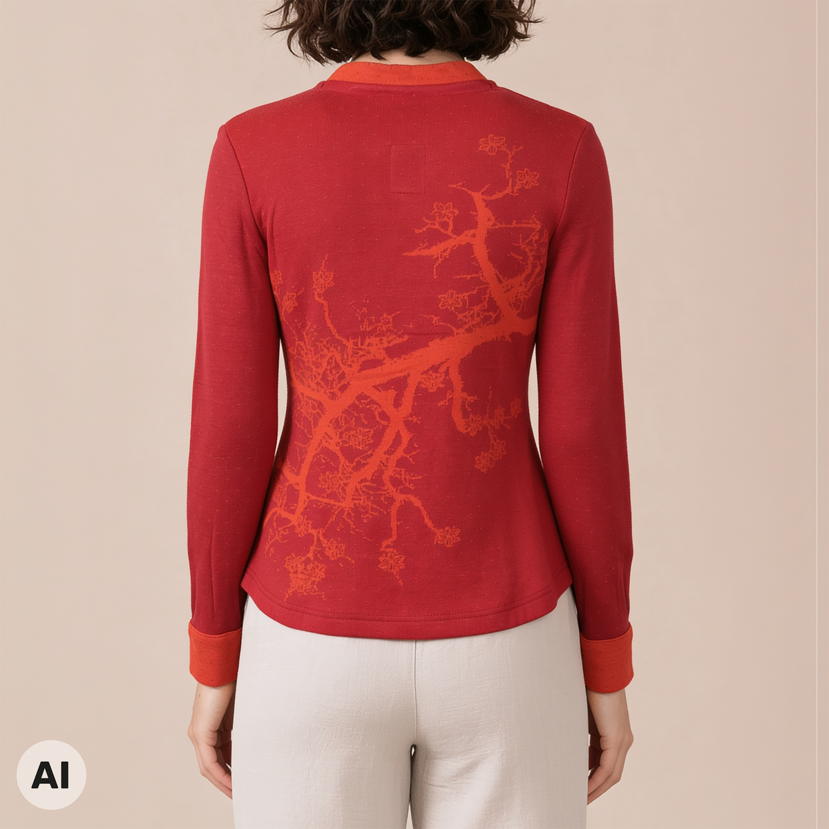 asymmetrische Jacke rot – Rückansicht, mit KI bearbeitet