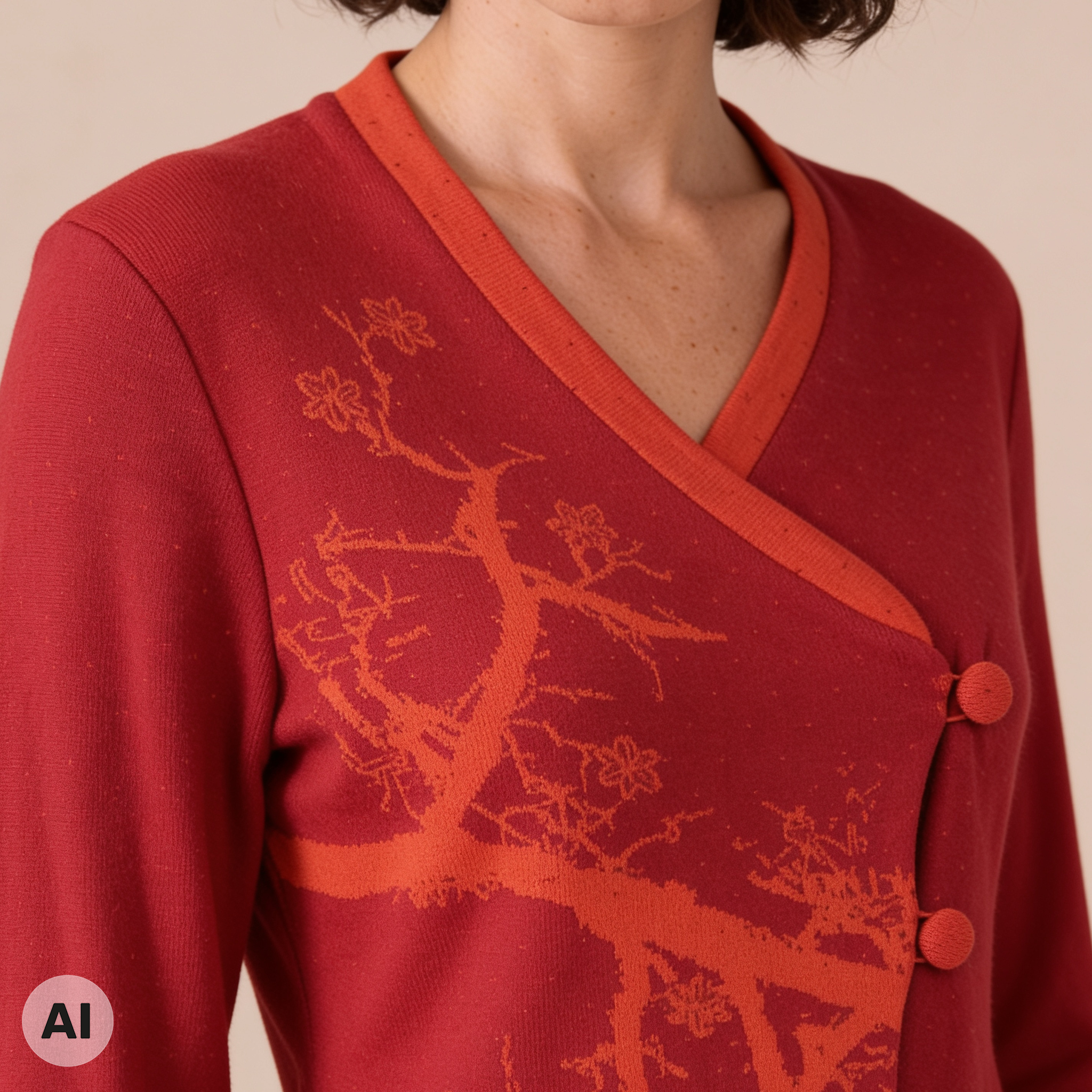 asymmetrische Jacke rot – Detailansicht, mit KI bearbeitet