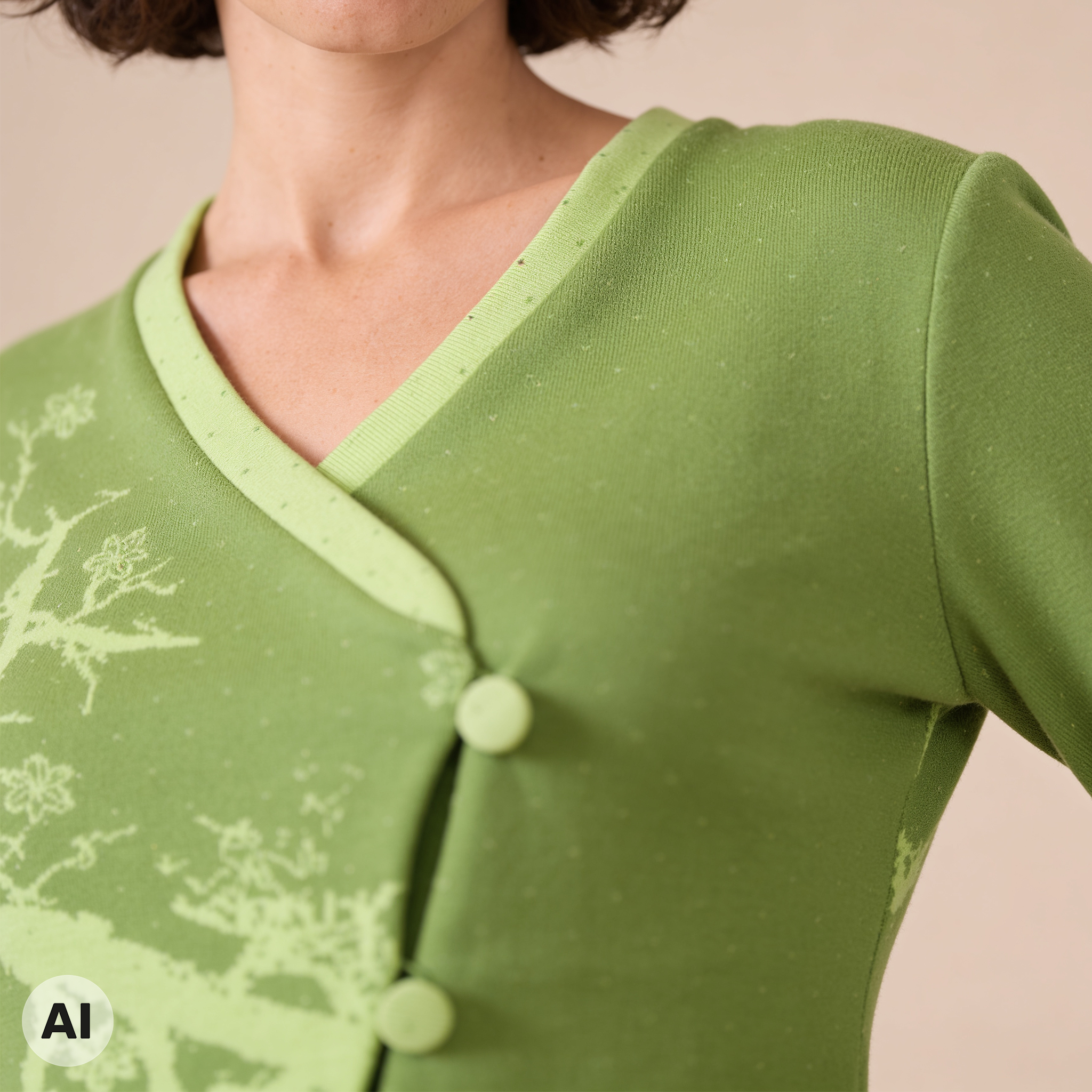asymmetrische Jacke grün – Detailansicht, mit KI bearbeitet