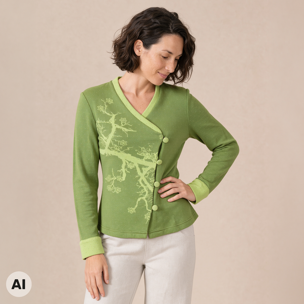 asymmetrische Jacke grün – Vorderansicht, mit KI bearbeitet