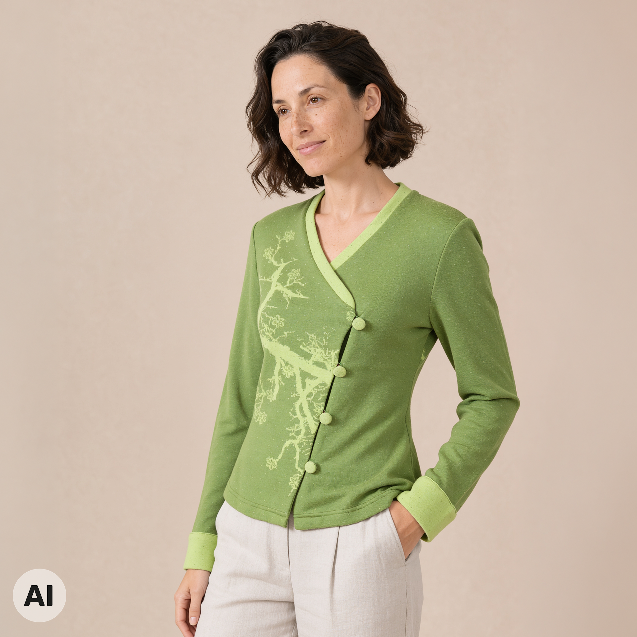 asymmetrische Jacke grün – Vorderansicht, mit KI bearbeitet