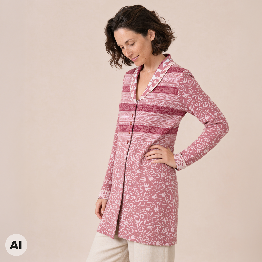 Langjacke rosa – Vorderansicht, mit KI bearbeitet