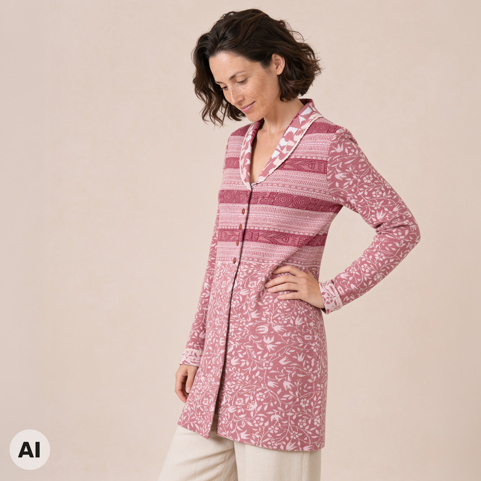Langjacke rosa – Vorderansicht, mit KI bearbeitet