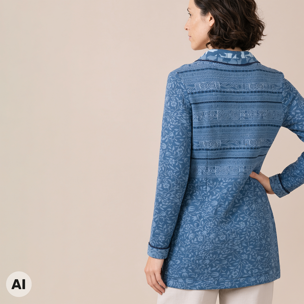 Langjacke blau – Rückansicht, mit KI bearbeitet