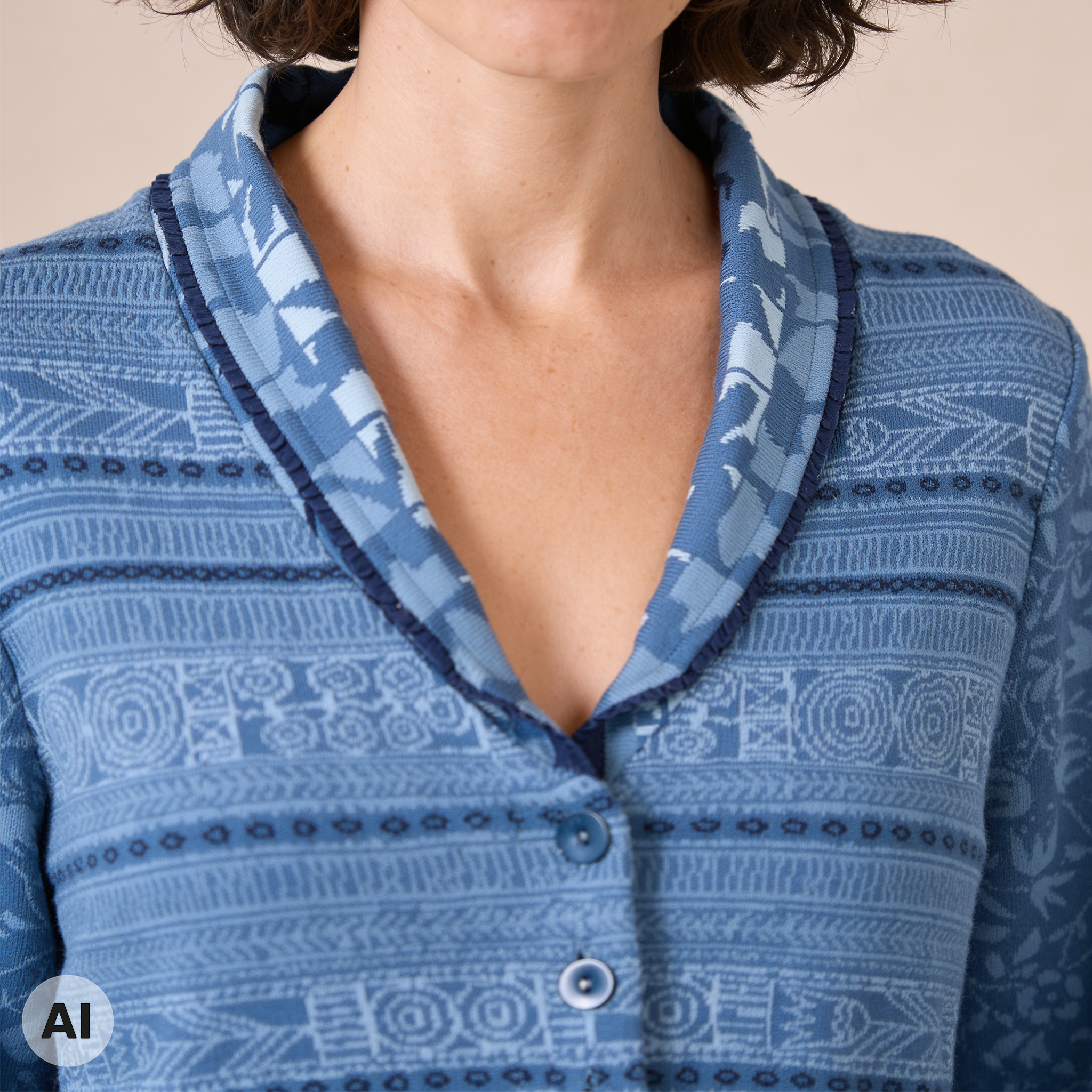 Langjacke blau – Detailansicht, mit KI bearbeitet