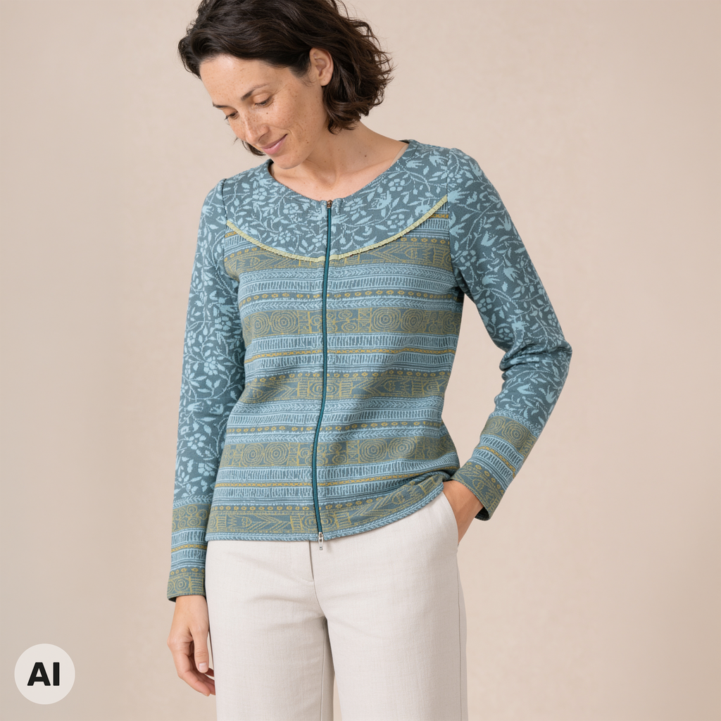 Rundpassenjacke petrol – Vorderansicht, mit KI bearbeitet