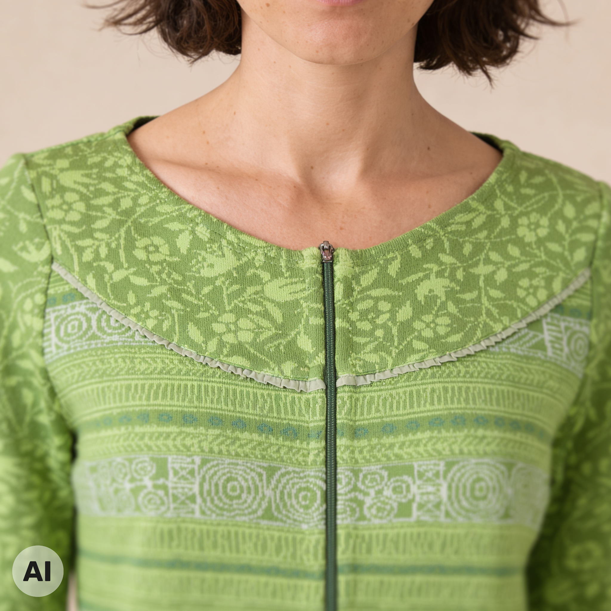 Rundpassenjacke grün – Detailansicht, mit KI bearbeitet