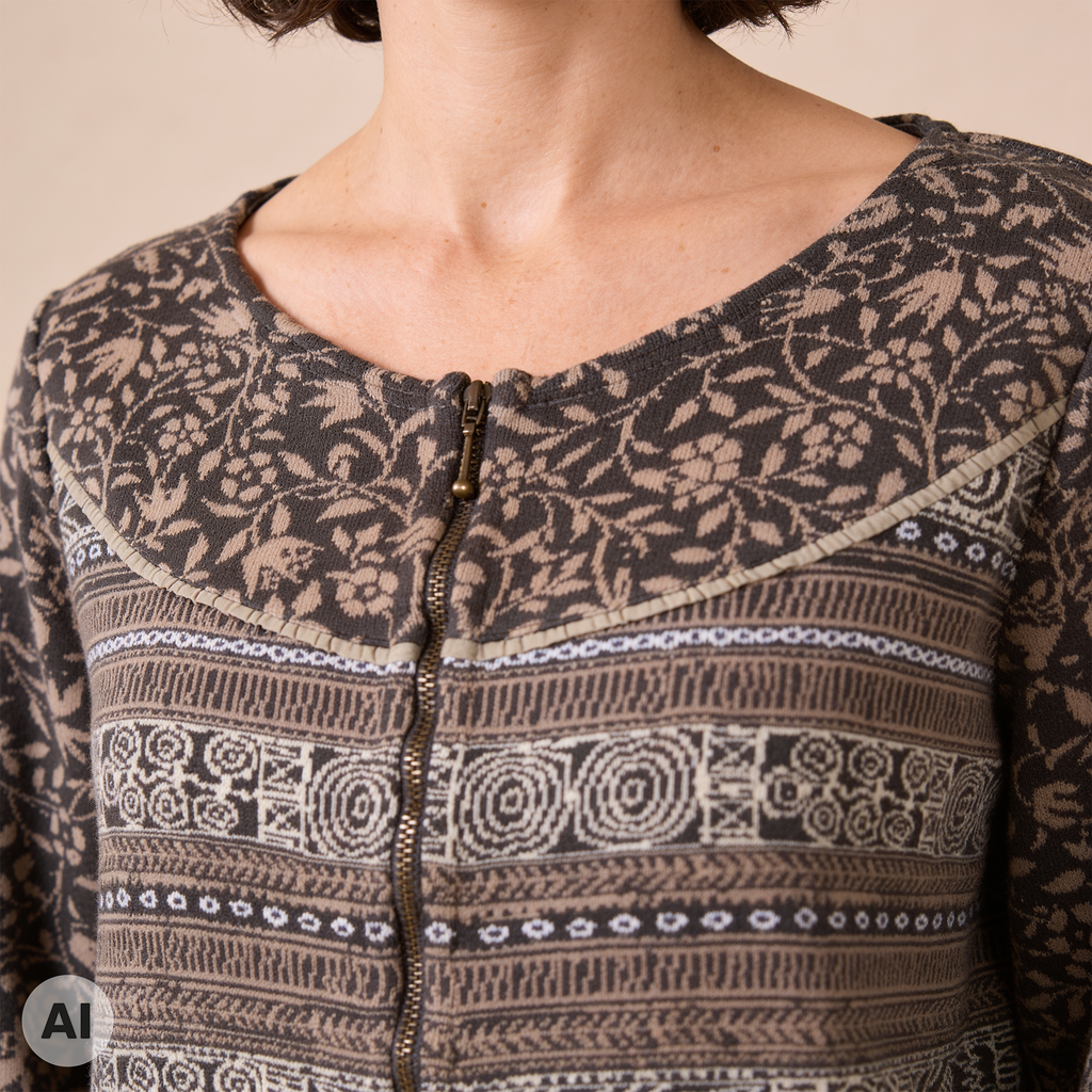 Rundpassenjacke grau – Detailansicht, mit KI bearbeitet