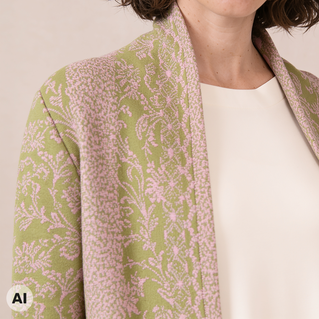 Hüllenjacke rosa – Detailansicht, mit KI bearbeitet