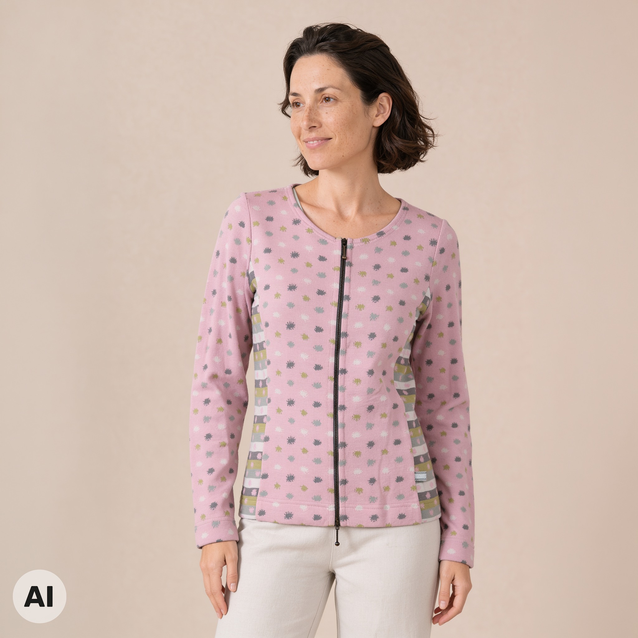 Reißverschlussjacke rosa – Vorderansicht, mit KI bearbeitet