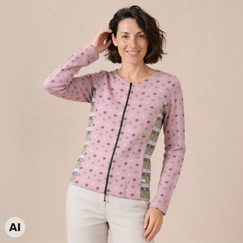 Reißverschlussjacke rosa – Vorderansicht, mit KI bearbeitet