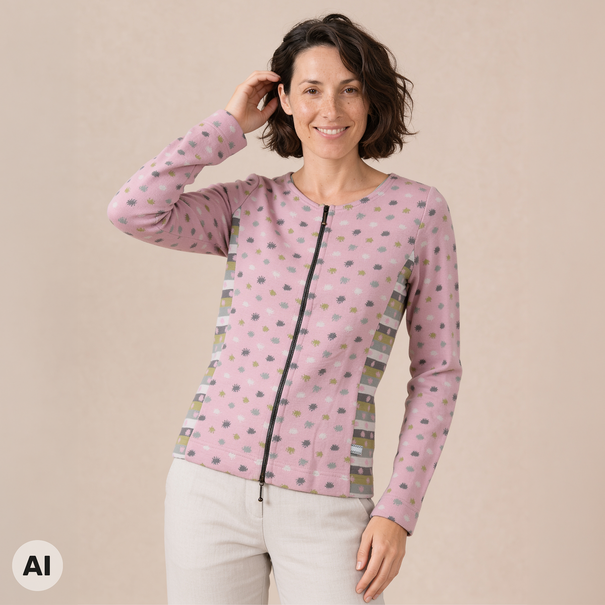 Reißverschlussjacke rosa – Vorderansicht, mit KI bearbeitet