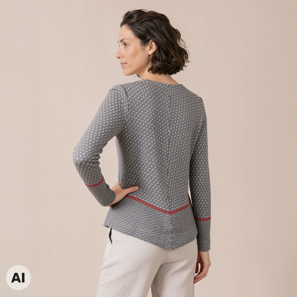 Zipfelpullover grau – Rückansicht, mit KI bearbeitet