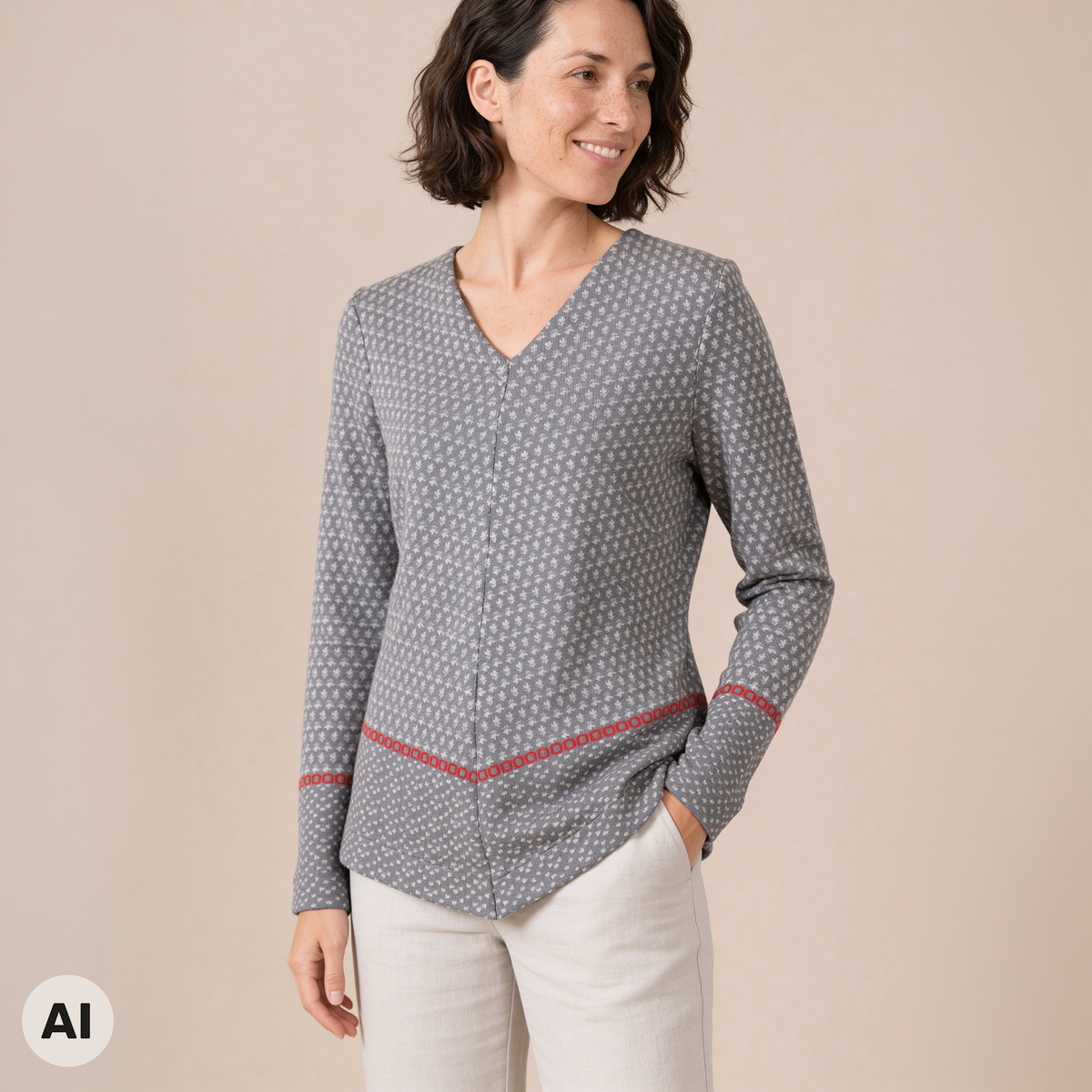 Zipfelpullover grau – Vorderansicht, mit KI bearbeitet
