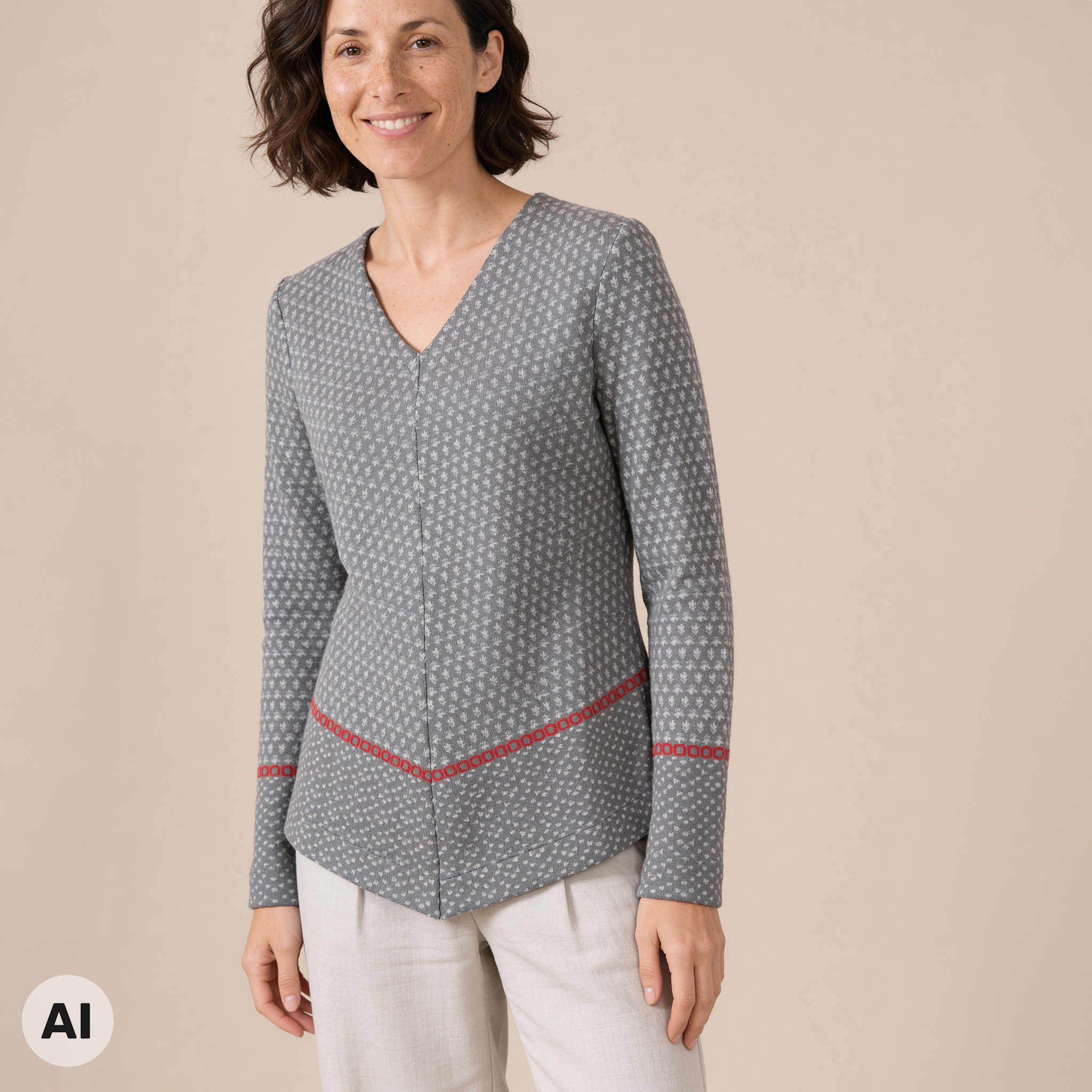 Zipfelpullover grau – Vorderansicht, mit KI bearbeitet