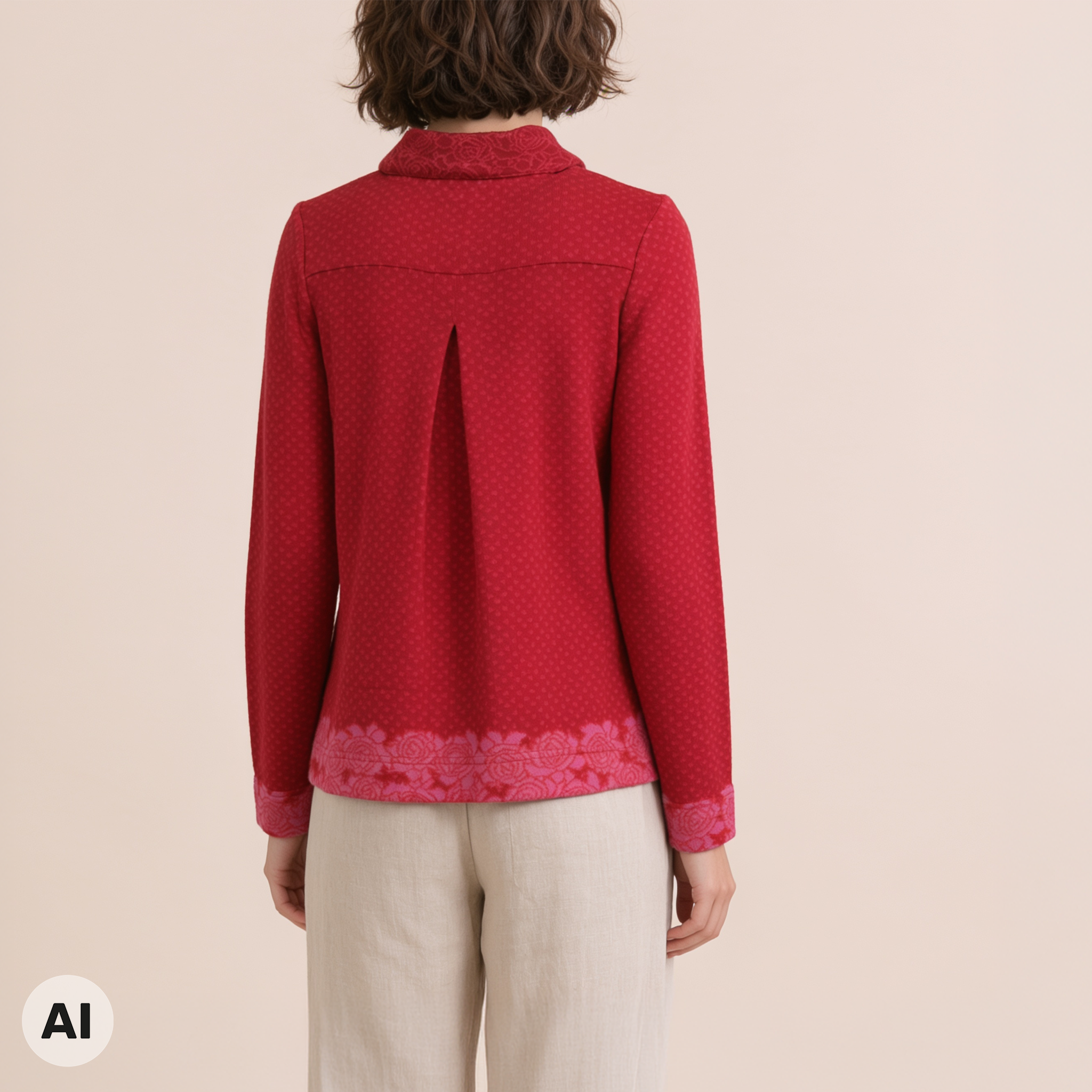 Jacke mit Falte rot – Rückansicht, mit KI bearbeitet