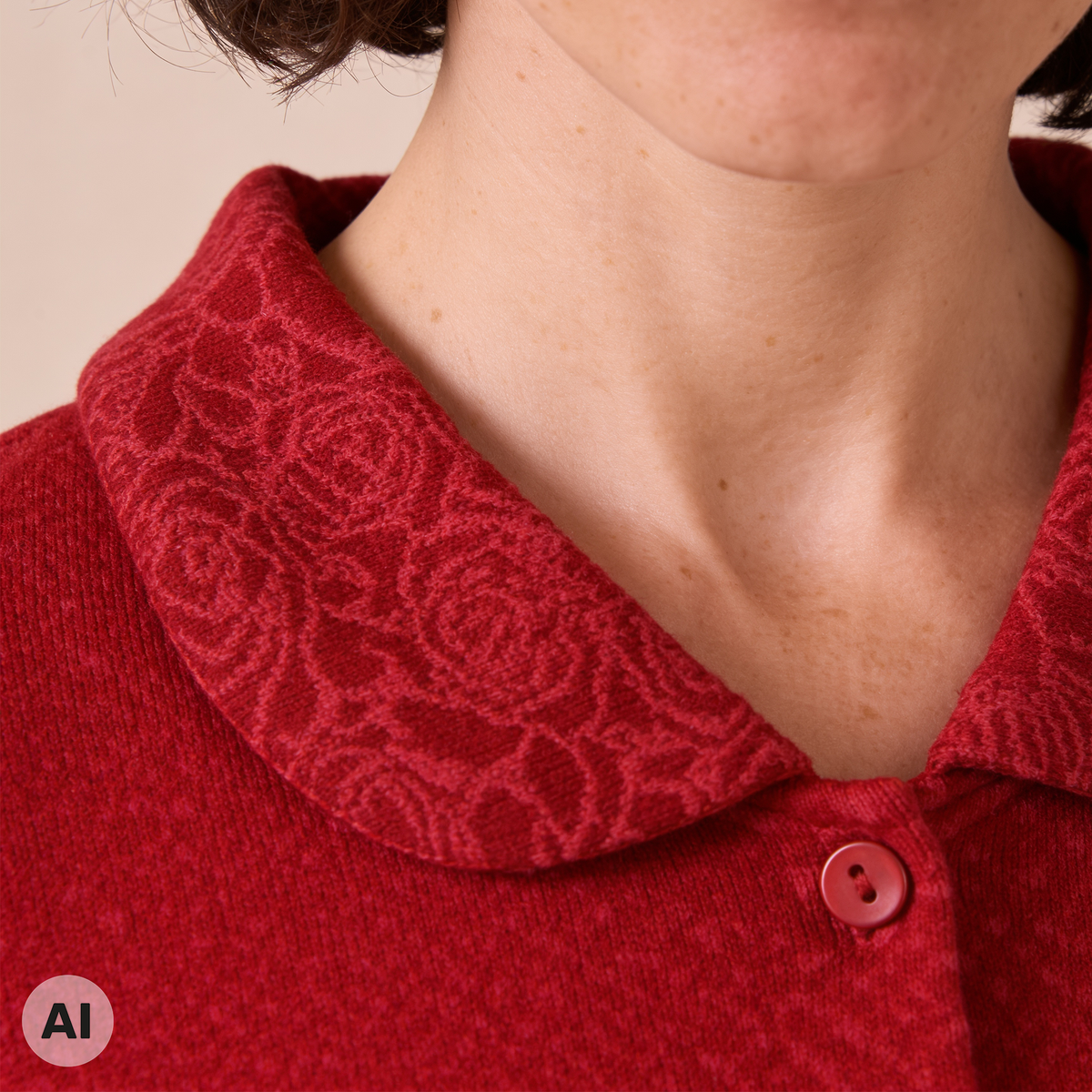 Jacke mit Falte rot – Detailansicht, mit KI bearbeitet