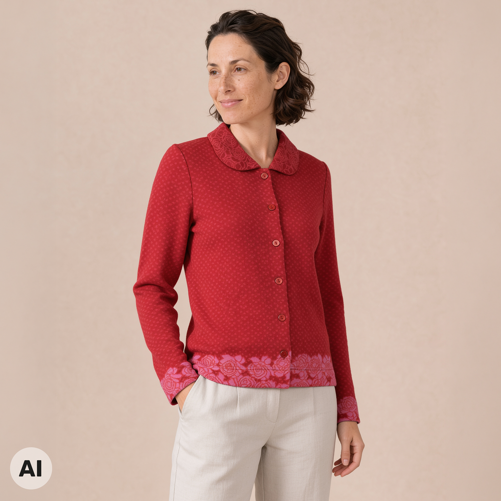 Jacke mit Falte rot – Vorderansicht, mit KI bearbeitet