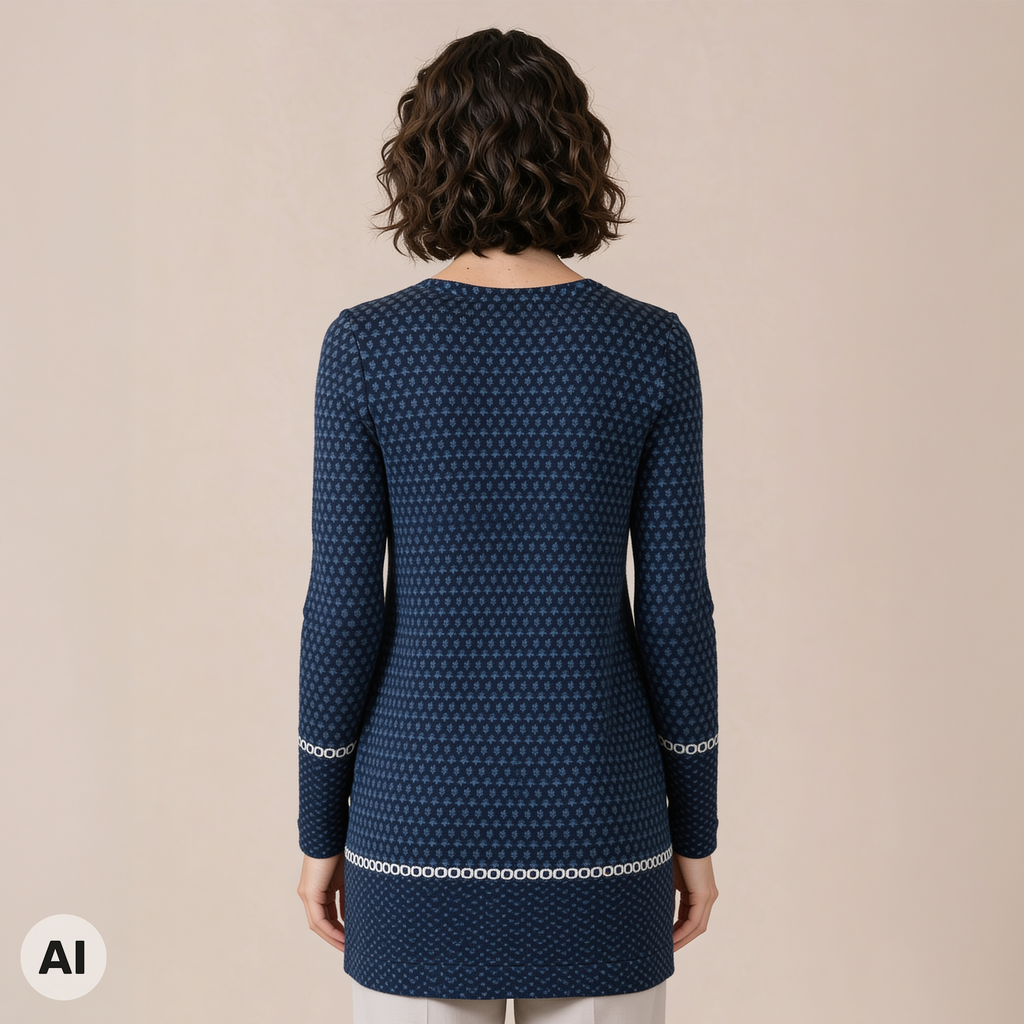 Langjacke blau – Rückansicht, mit KI bearbeitet
