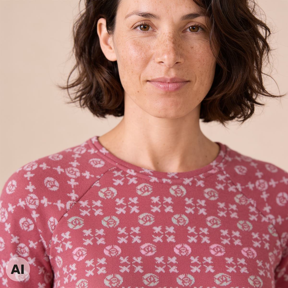 Raglanpullover rosa – Detailansicht, mit KI bearbeitet