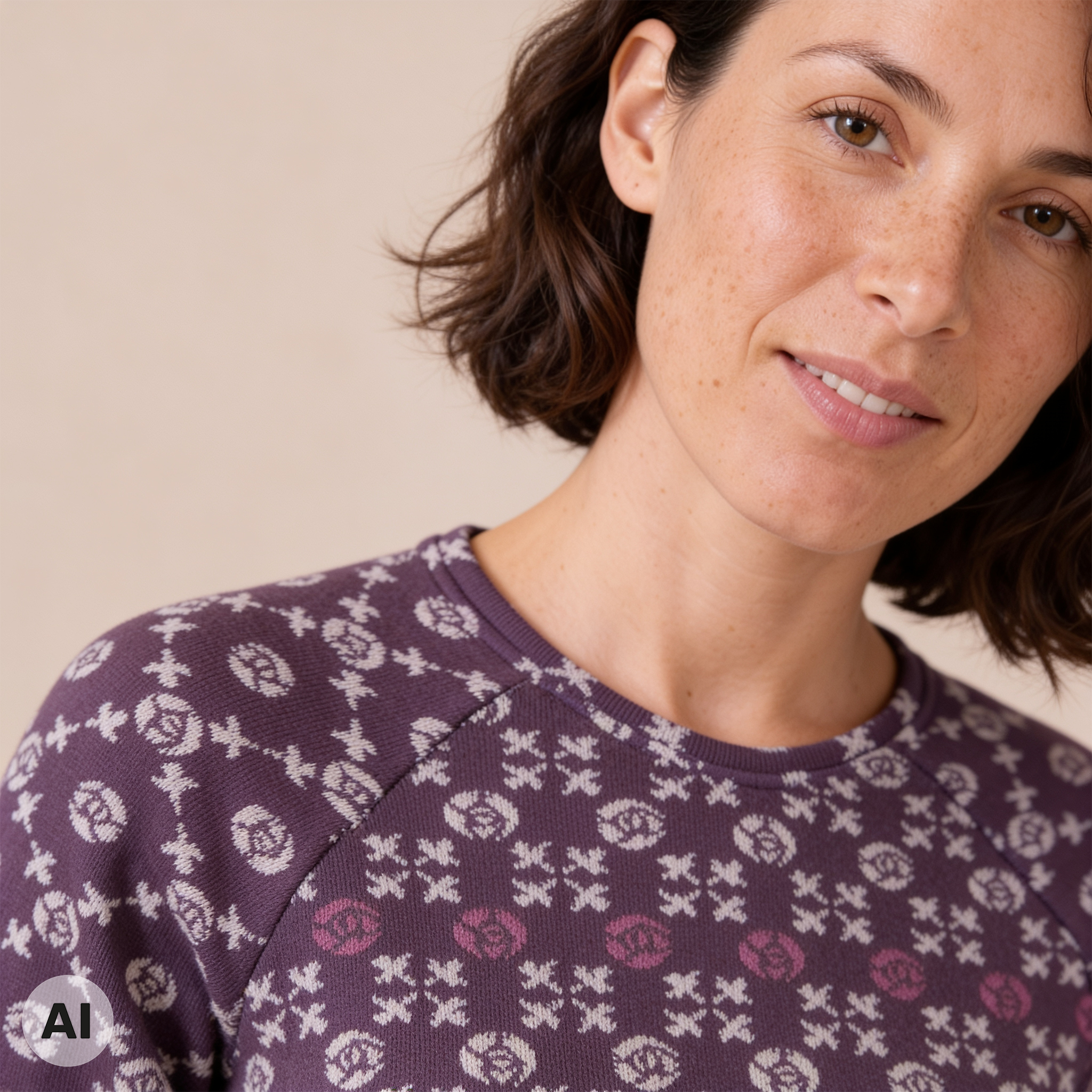 Raglanpullover lila – Detailansicht, mit KI bearbeitet