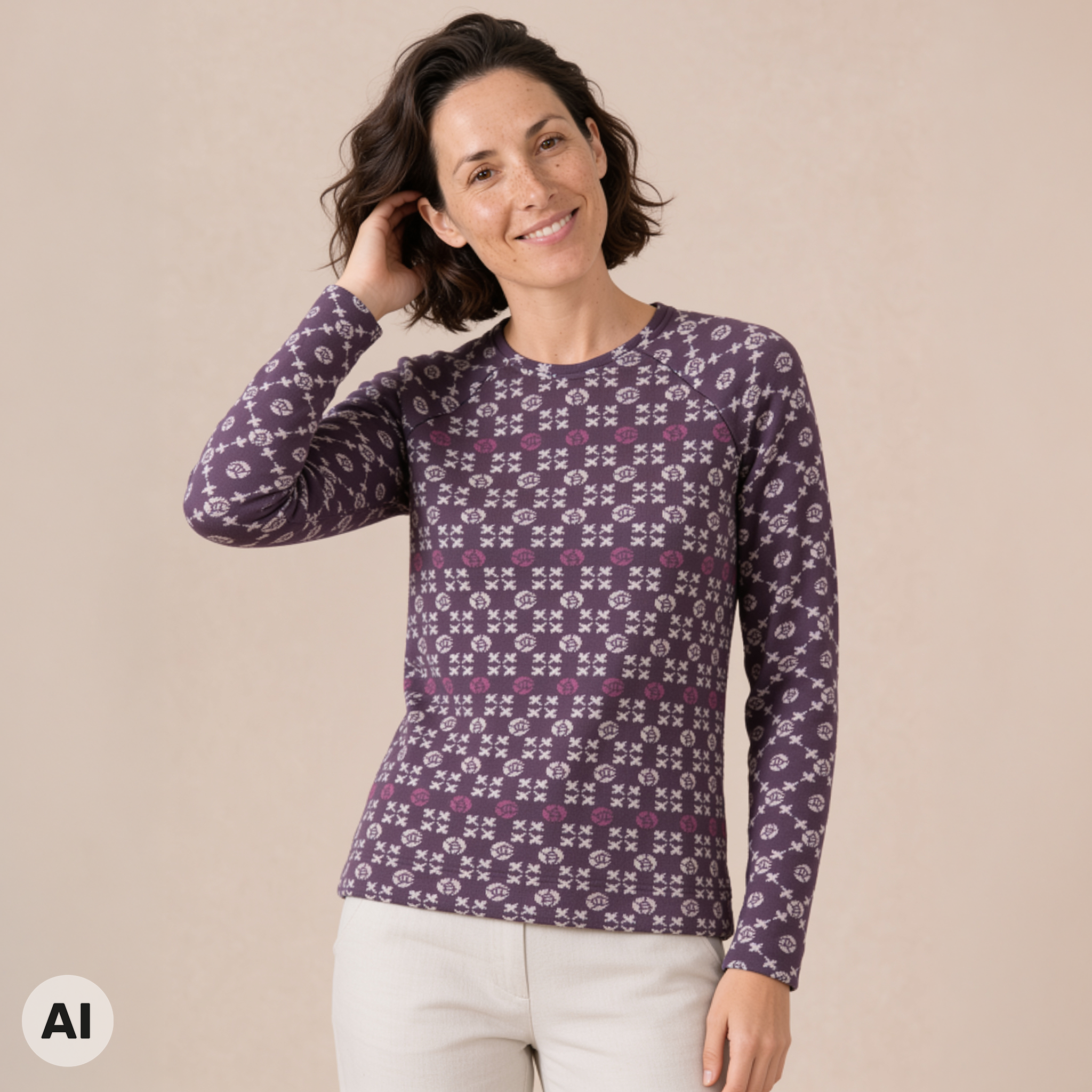 Raglanpullover lila – Vorderansicht, mit KI bearbeitet