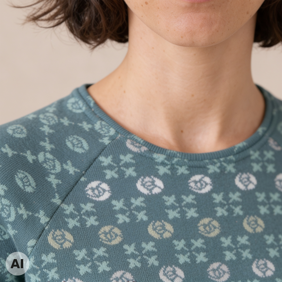 Raglanpullover petrol – Detailansicht, mit KI bearbeitet