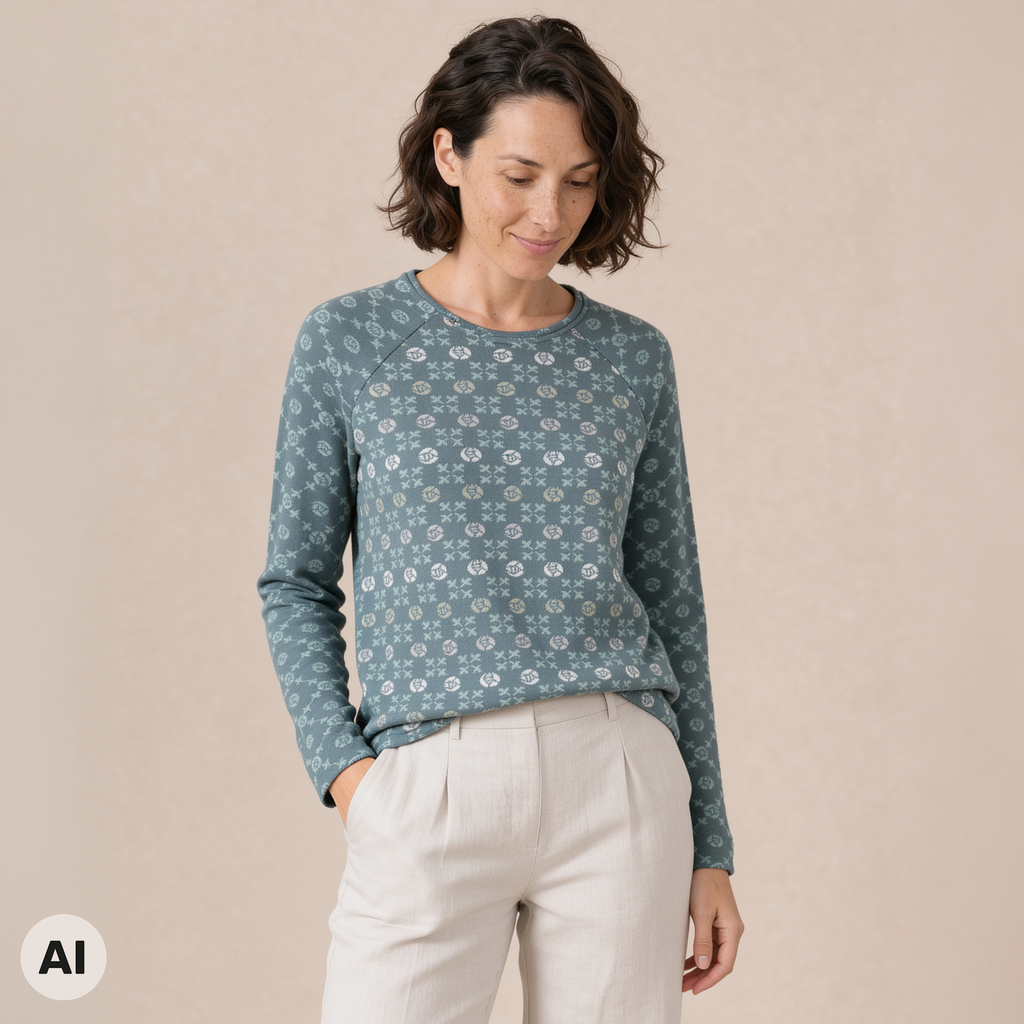 Raglanpullover petrol – Vorderansicht, mit KI bearbeitet