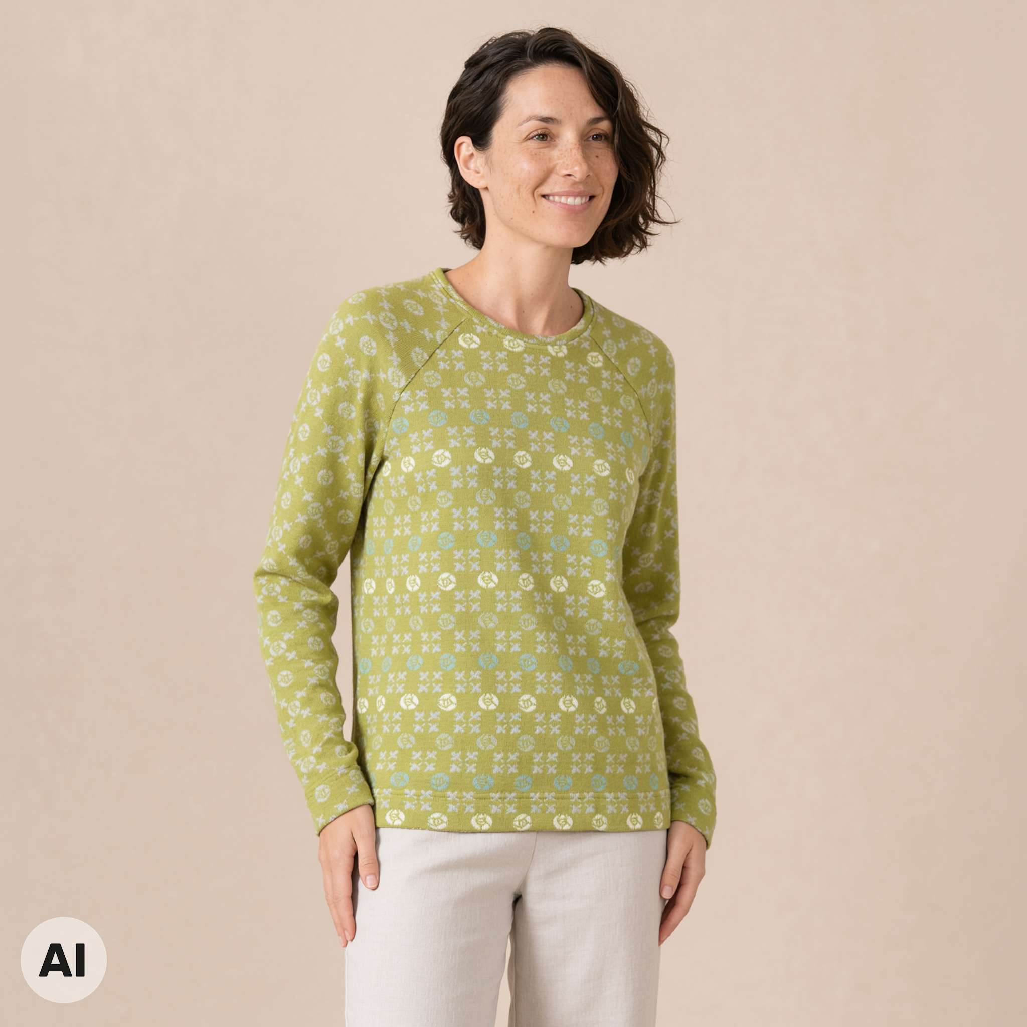 Raglanpullover grün – Vorderansicht, mit KI bearbeitet