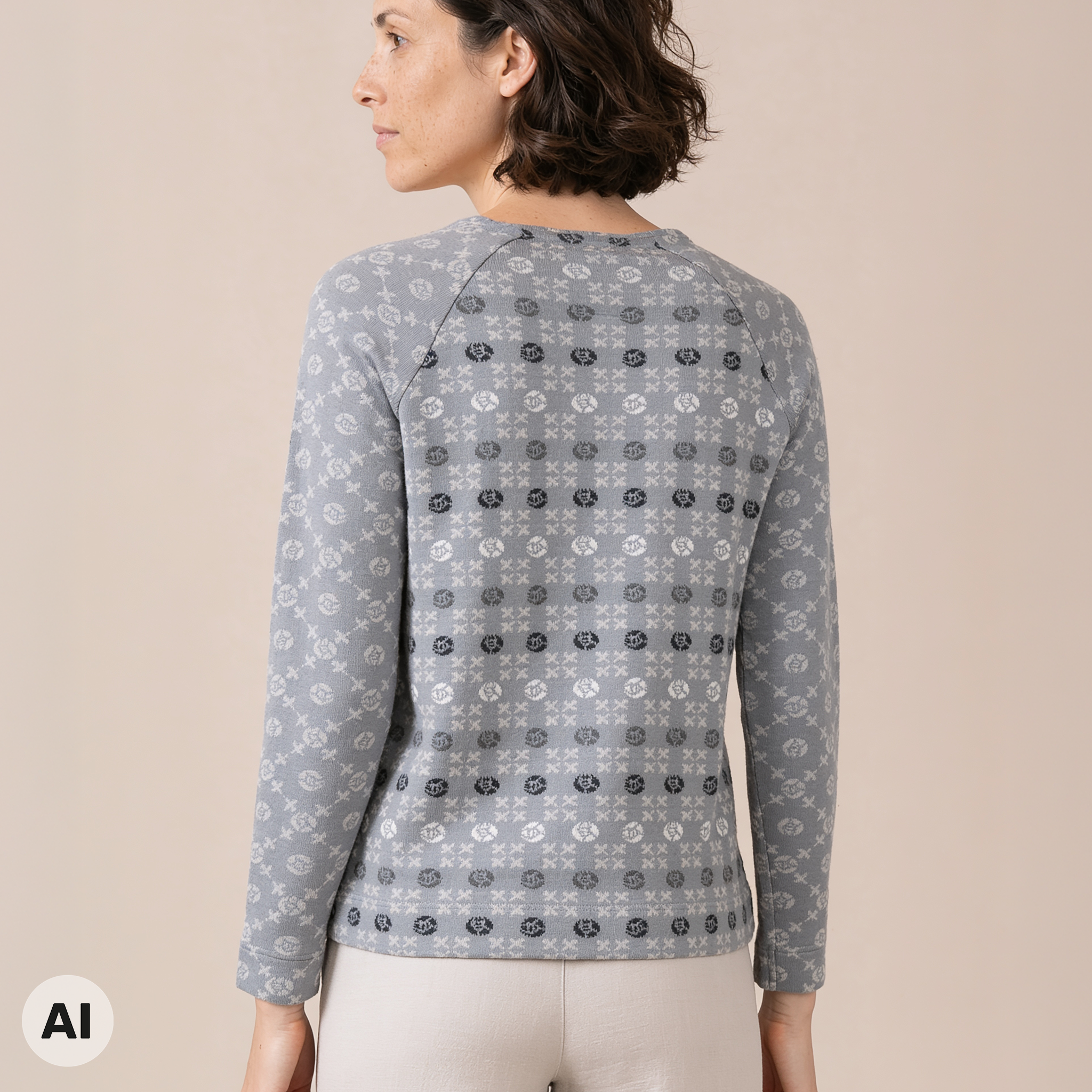 Raglanpullover grau – Rückansicht, mit KI bearbeitet