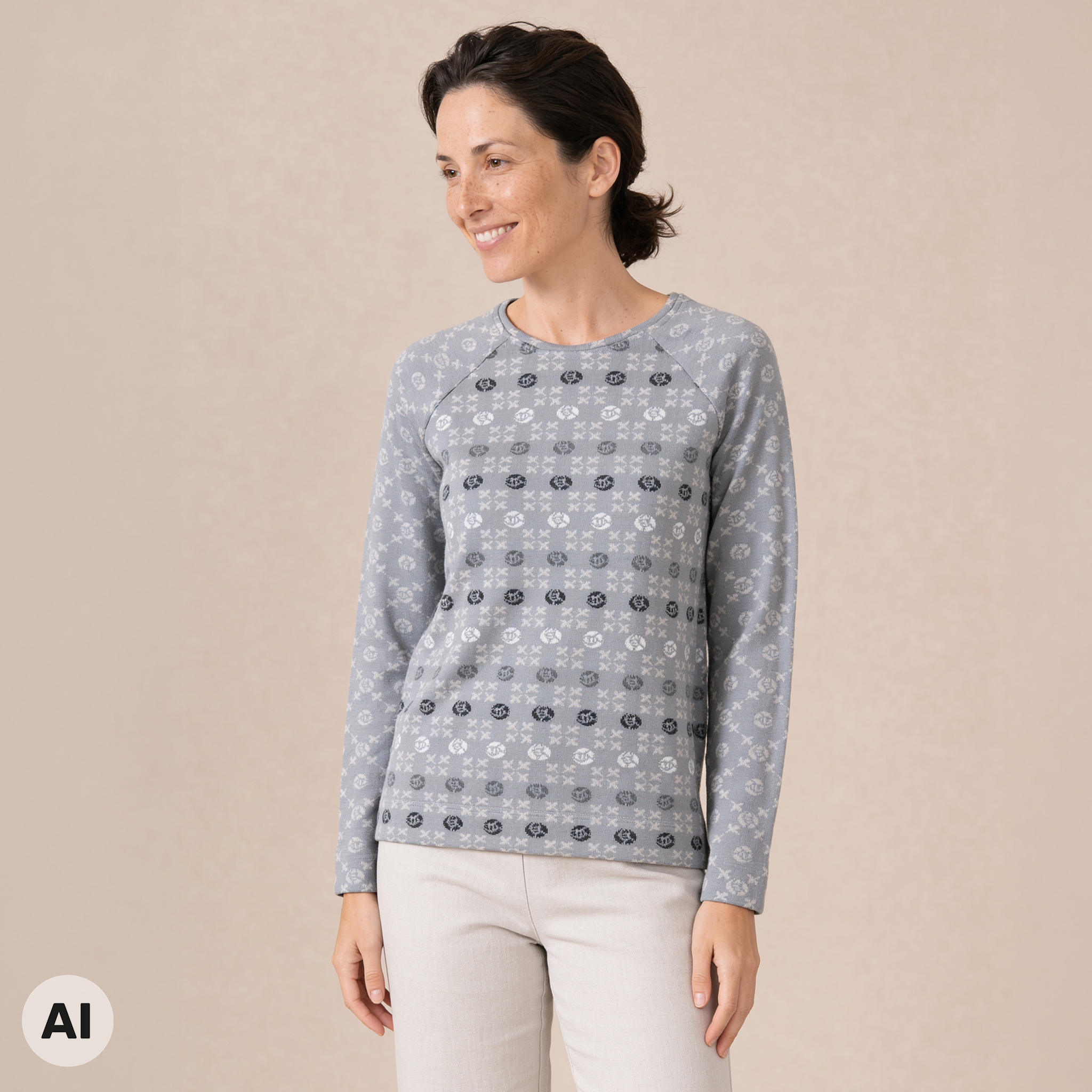 Raglanpullover grau – Vorderansicht, mit KI bearbeitet