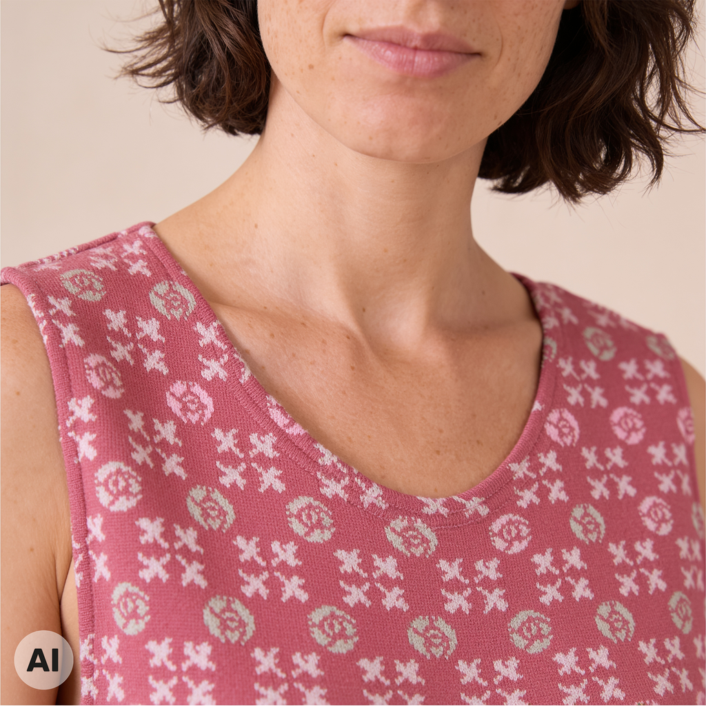 Kleid rosa – Detailansicht, mit KI bearbeitet