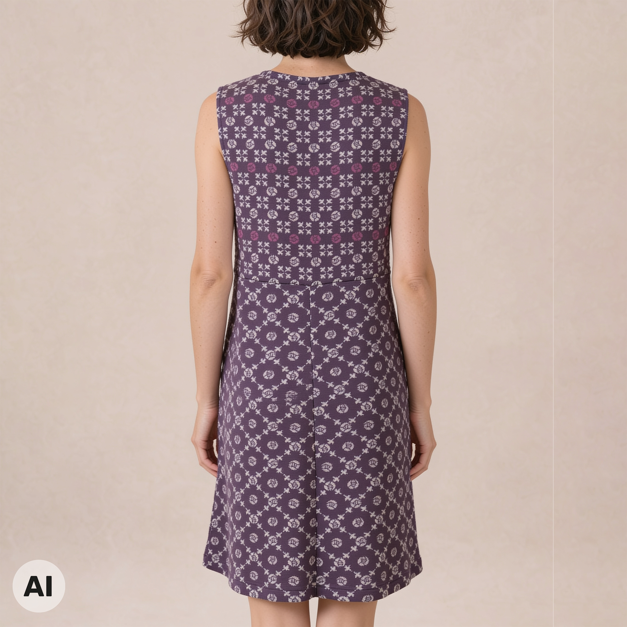 Kleid lila – Rückansicht, mit KI bearbeitet