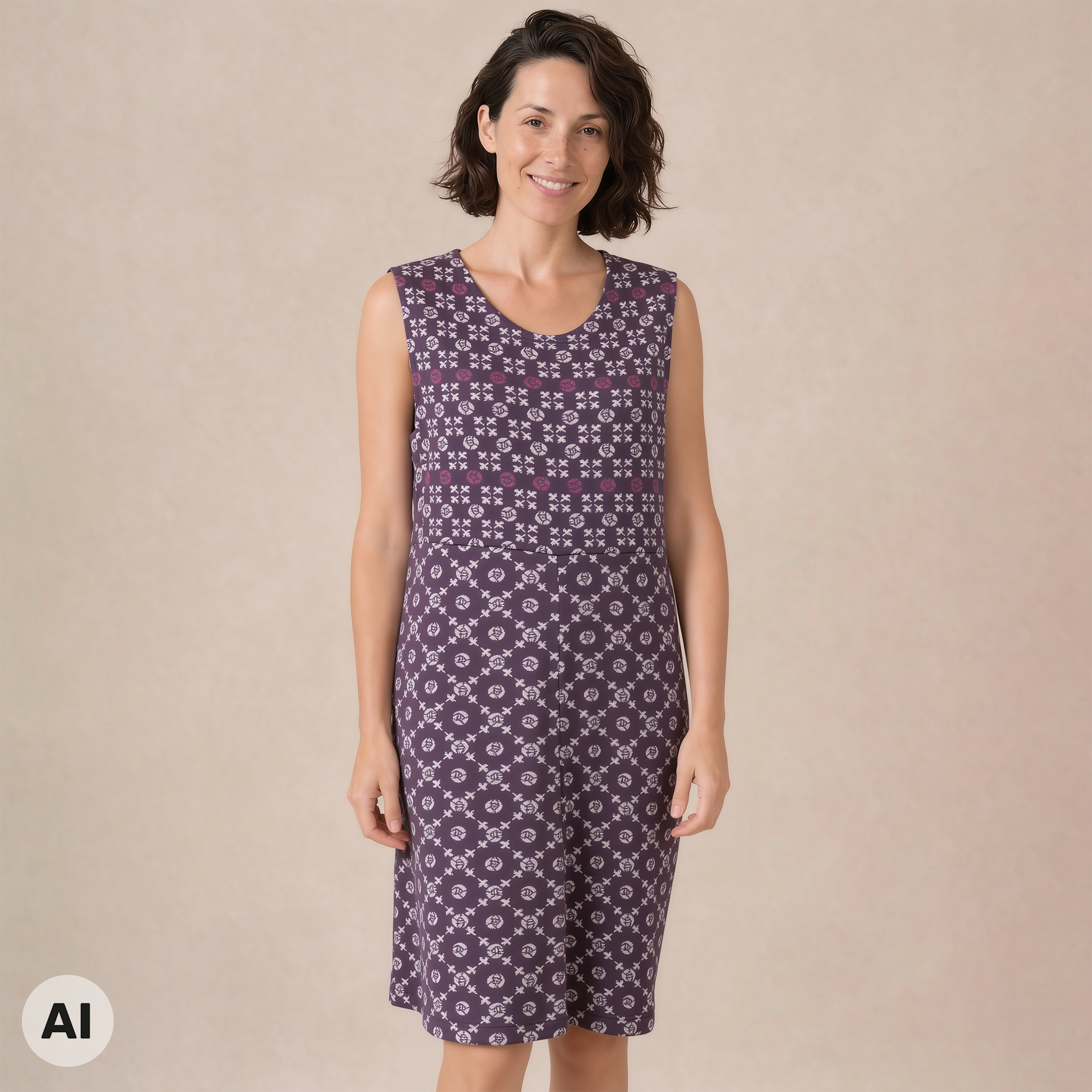 Kleid lila – Vorderansicht, mit KI bearbeitet
