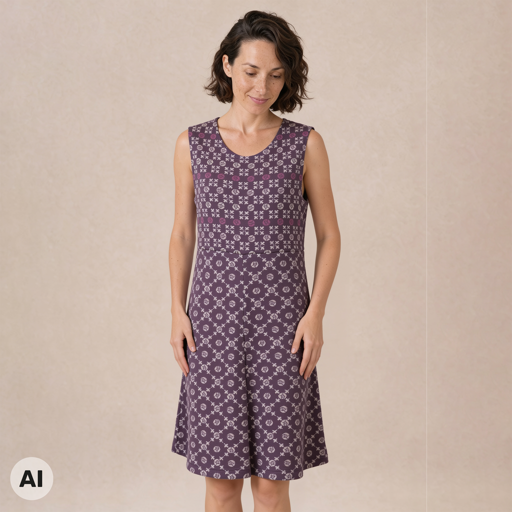 Kleid lila – Vorderansicht, mit KI bearbeitet