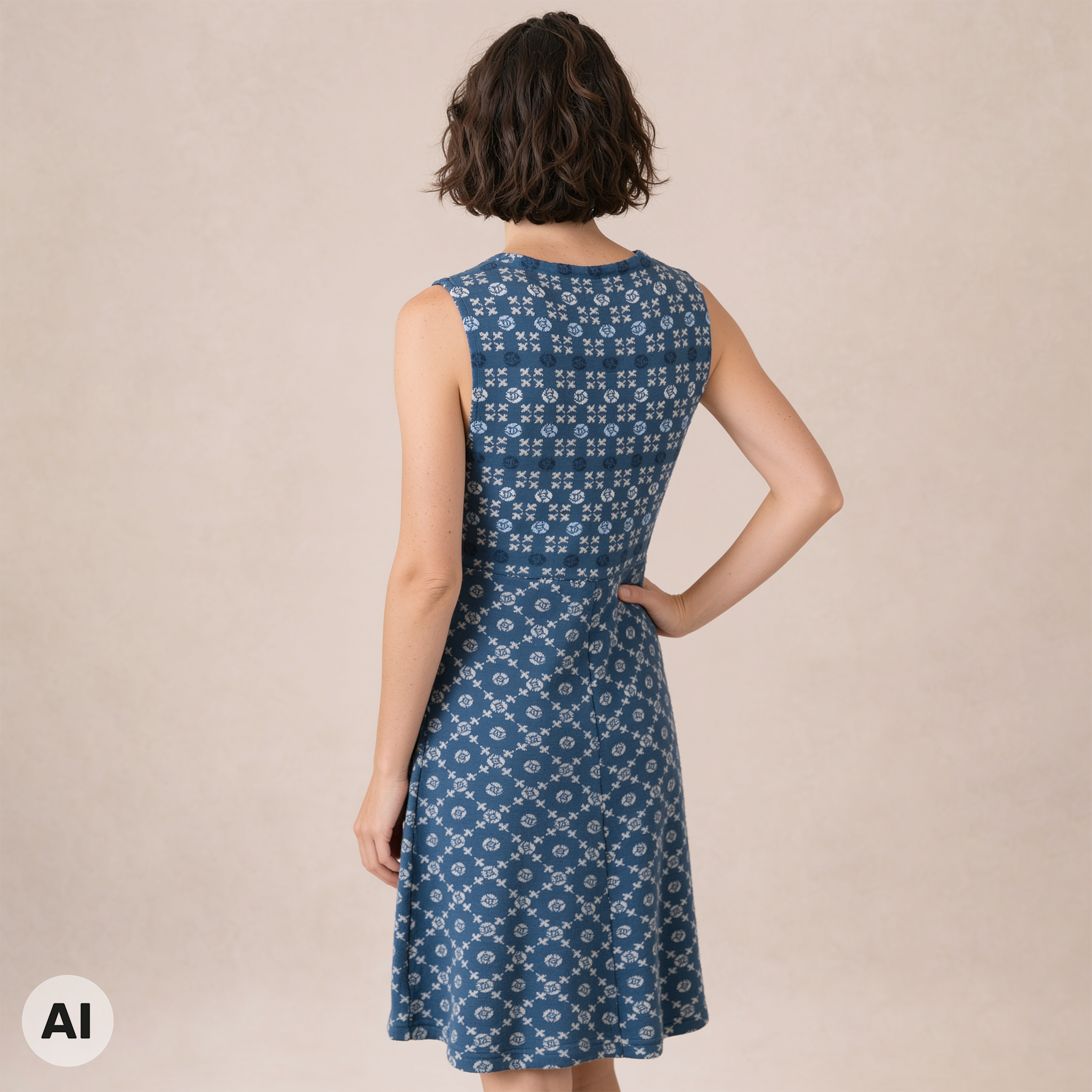 Kleid blau – Rückansicht, mit KI bearbeitet