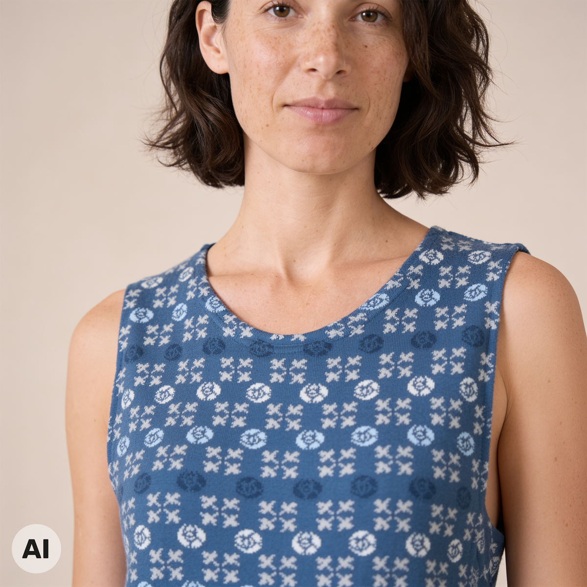 Kleid blau – Detailansicht, mit KI bearbeitet