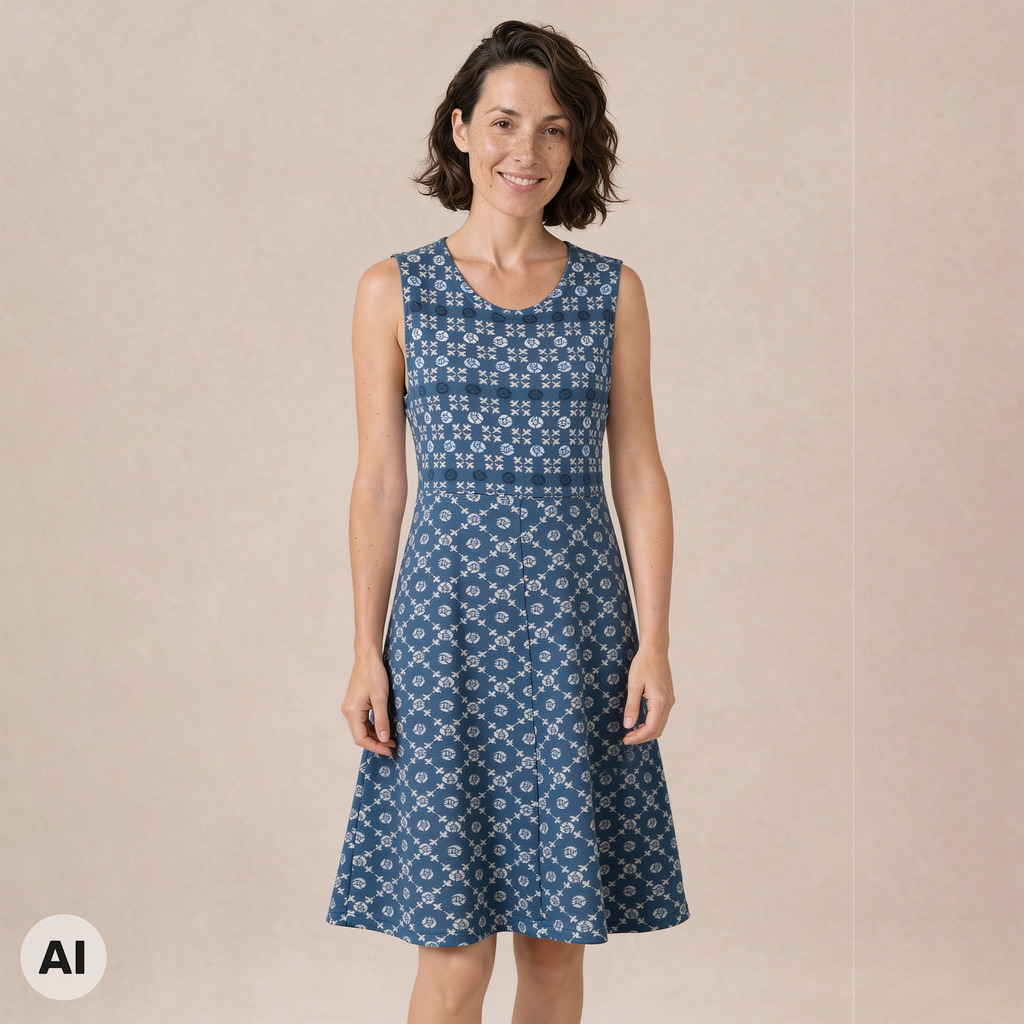 Kleid blau – Vorderansicht, mit KI bearbeitet
