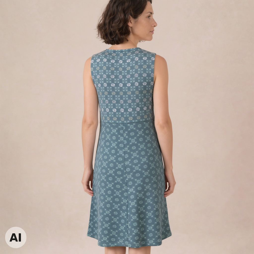 Kleid petrol – Rückansicht, mit KI bearbeitet