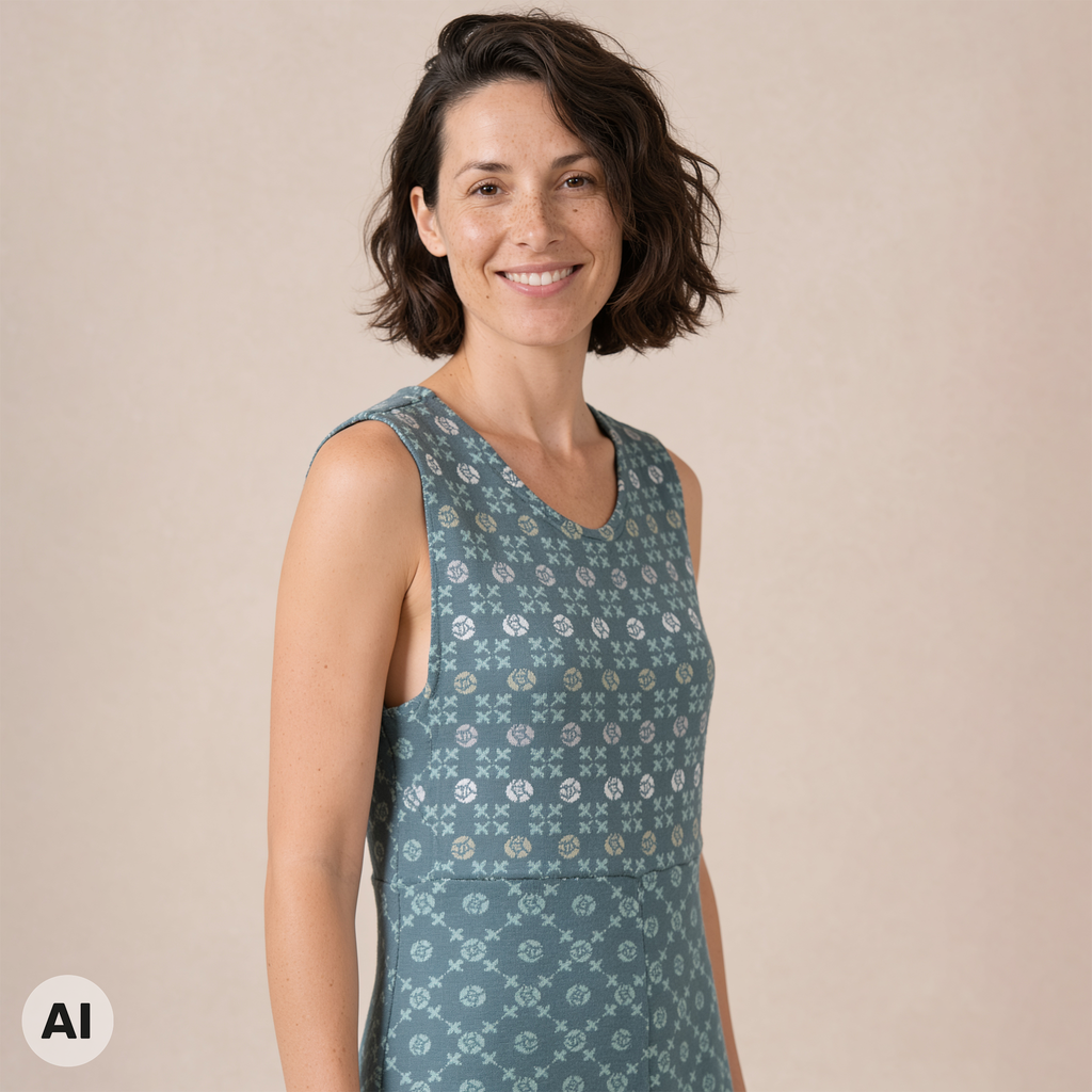 Kleid petrol – Vorderansicht, mit KI bearbeitet