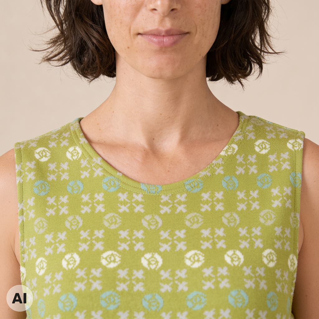 Kleid grün – Detailansicht, mit KI bearbeitet