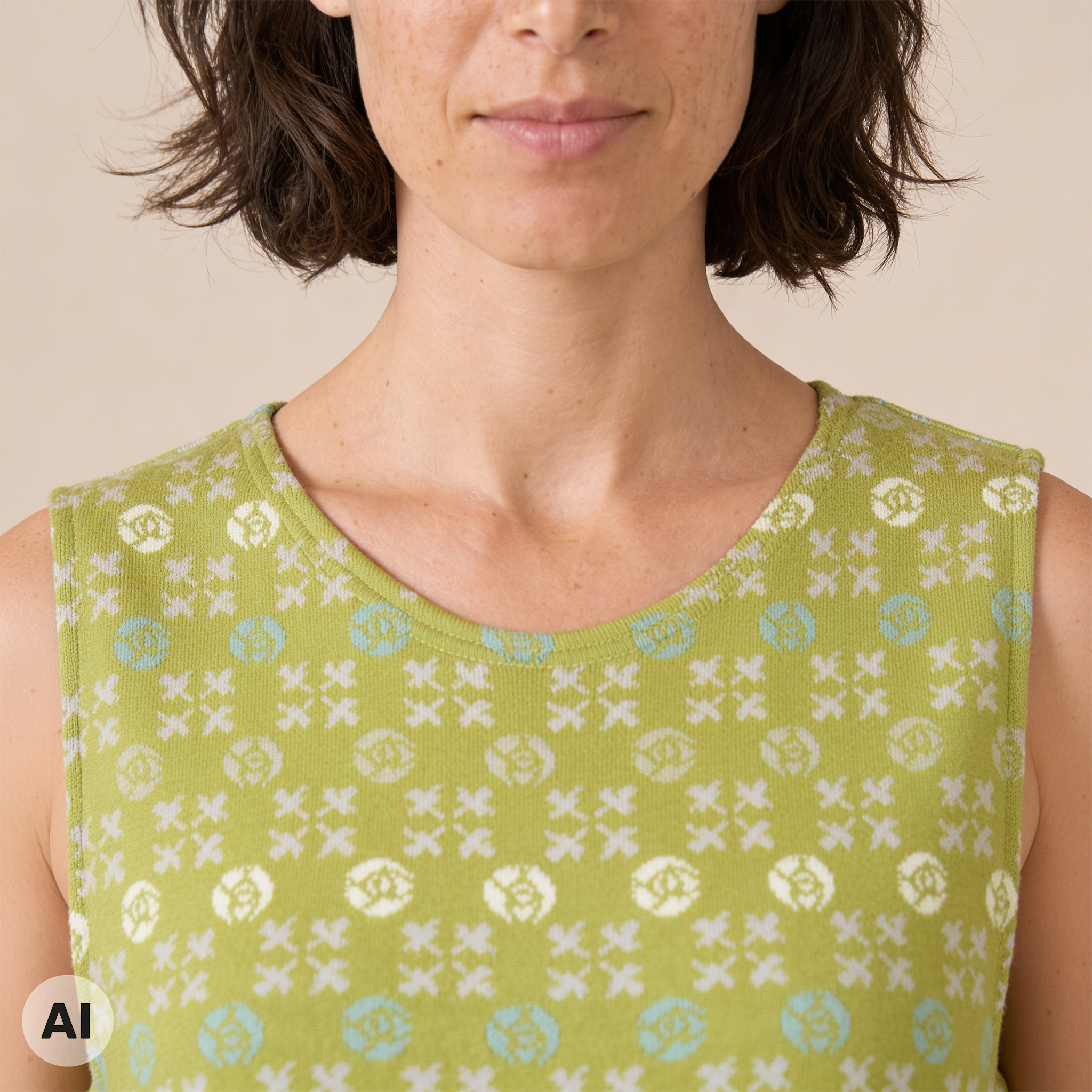 Kleid grün – Detailansicht, mit KI bearbeitet