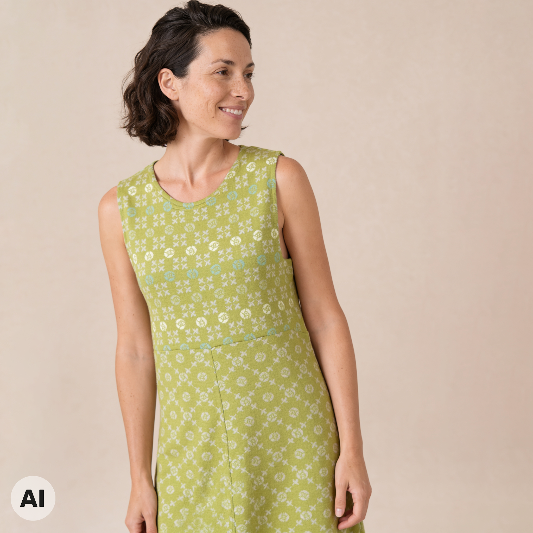 Kleid grün – Vorderansicht, mit KI bearbeitet