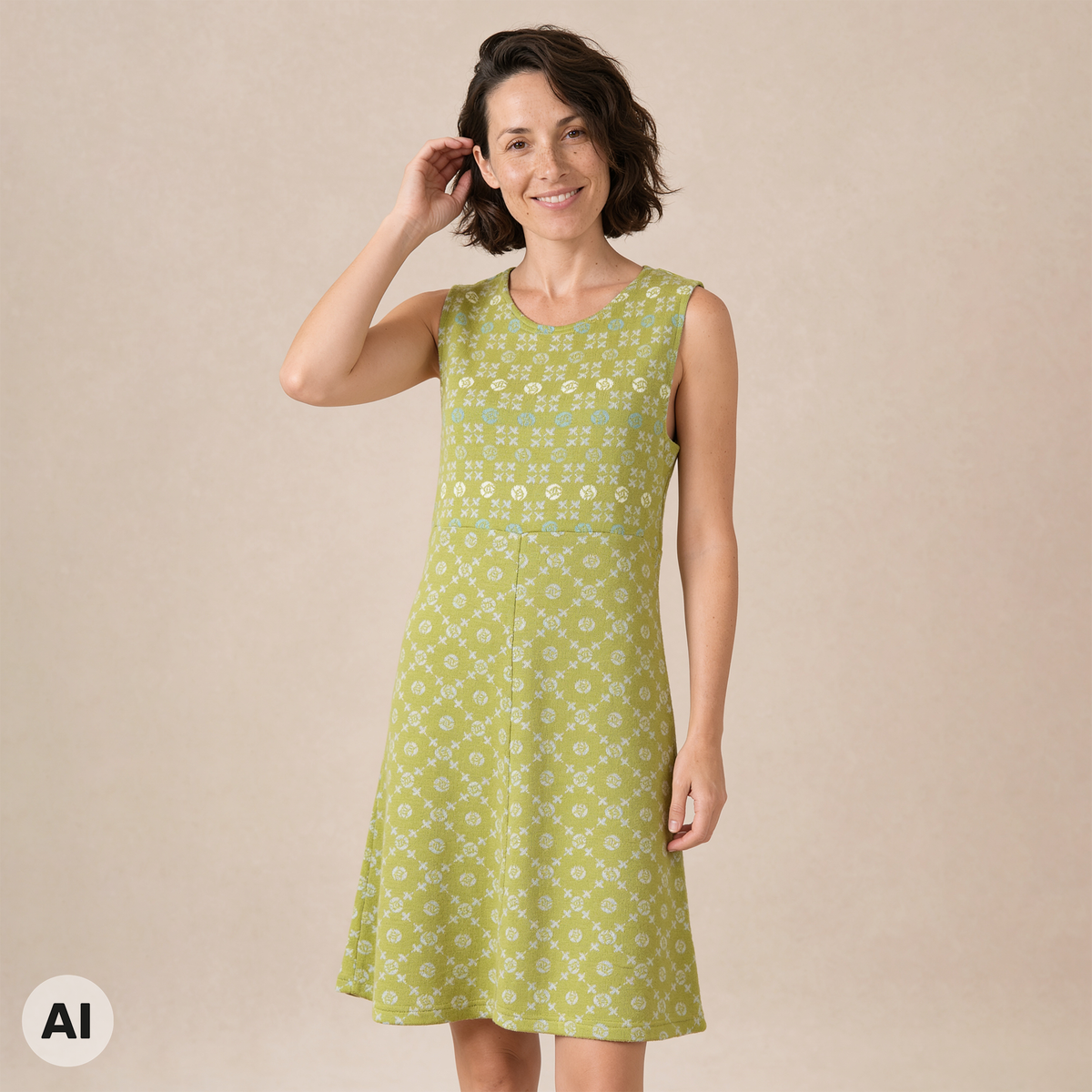 Kleid grün – Vorderansicht, mit KI bearbeitet