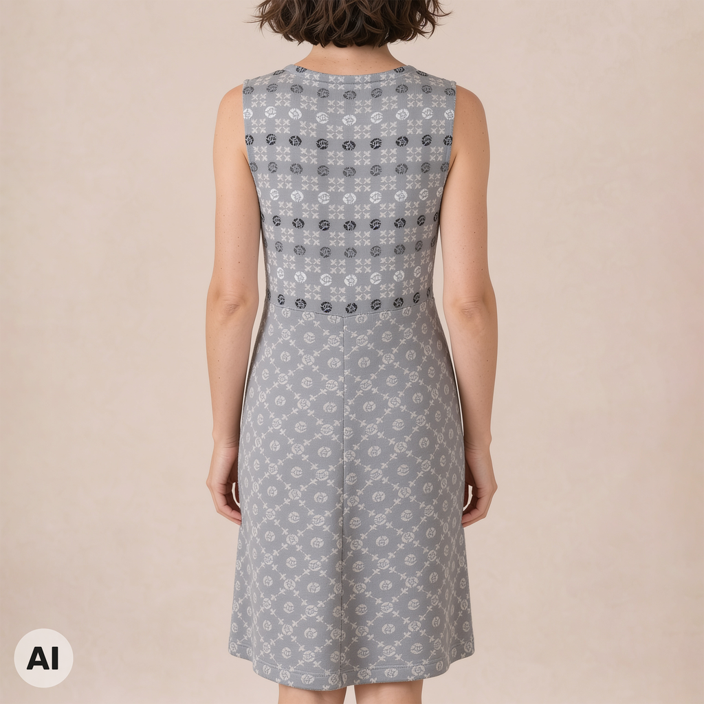 Kleid grau – Rückansicht, mit KI bearbeitet